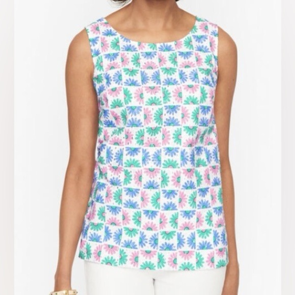 Talbots Pastel Daisy Print Eyelet Tank Top Button Back Size Large Petite Preppy - Picture 2 of 9
